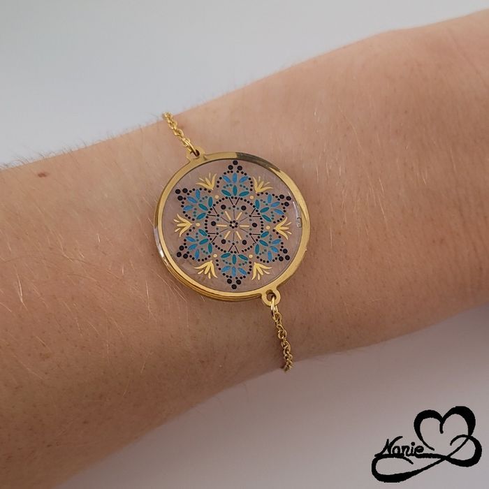 Bracelet en résine rond doré et bleu - photo numéro 2