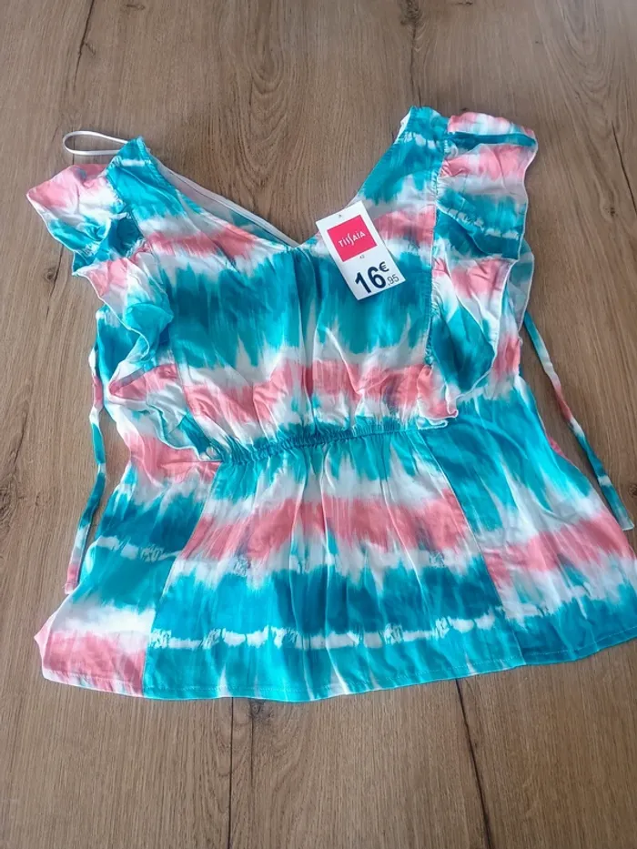 Top volanté style tie-dye rose et turquoise - Neuf avec étiquette T42 - photo numéro 4