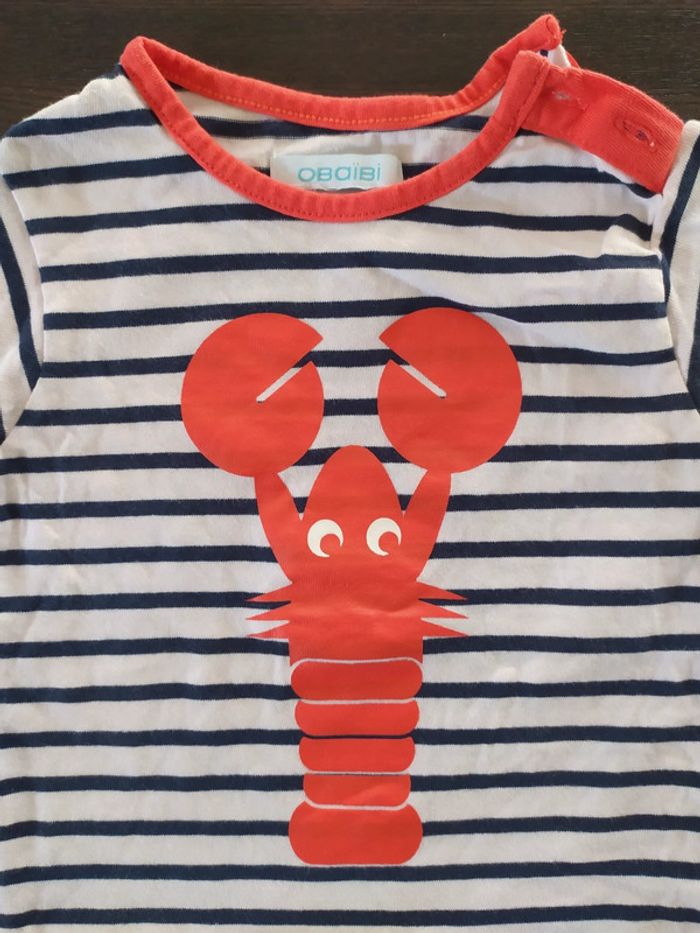 T-shirt été manche courte Obaibi 12 mois Homard Orange marinière blanc bleu - photo numéro 4