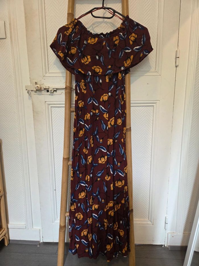 Robe longue fleurs marron bleu