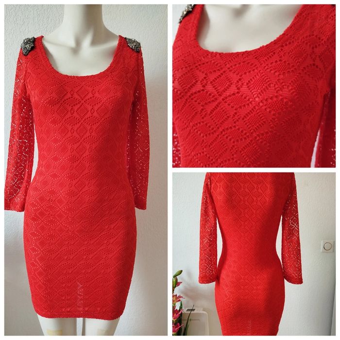 Robe rouge uni courte dentelle sexy strass sur les épaules manches 3/4