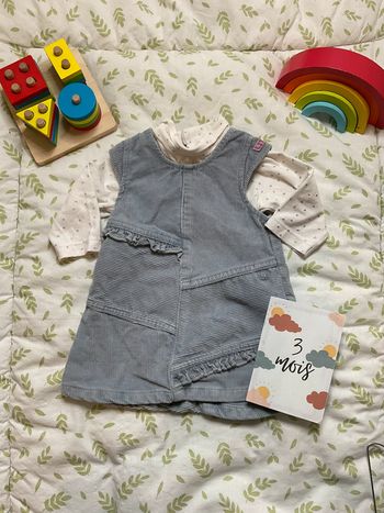 ensemble sous pull col roulé blanc et argent et robe en velours bleu gris 3 mois kitchoun