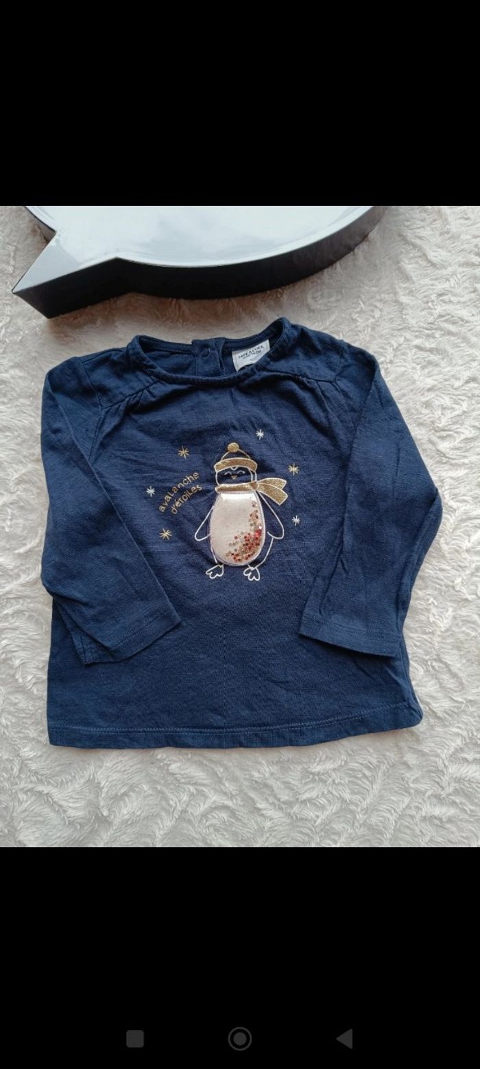 Tee shirt chemise manches longues Fille 12 mois pingouin Noël avalanche d'étoiles Tao 100% coton - photo numéro 2