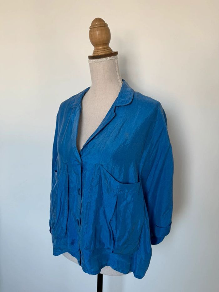 Chemise Zara poches camisa bleu satin M blouse fluide Camicia Overhemd folder Blusa Camicetta femme
