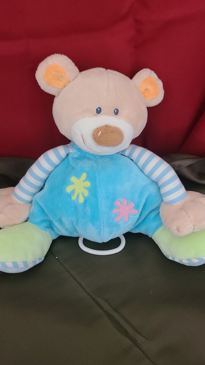 Doudou peluche ours bleu vert long bras NATTOU musical