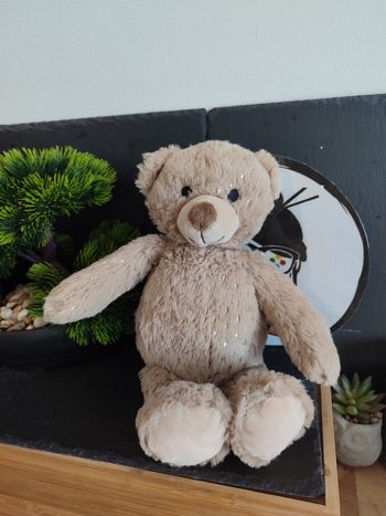 doudou peluche ours Damart marron beige doré paillettes PE0255