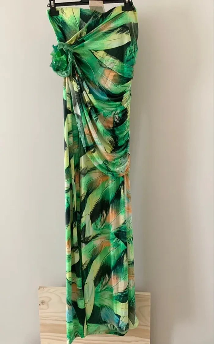 Robe longue tropicale à fleurs vertes – Taille unique