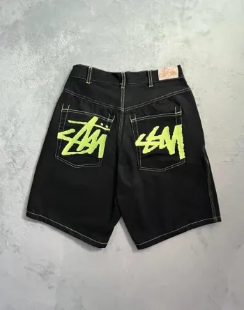 Short/Jort Stussy Black Embroidered Green Lime Big Logo Back – Taille L
