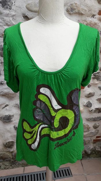 Tee-shirt tunique sérigraphie : colombe coton vert