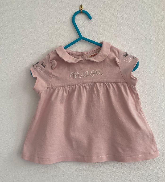 Tee-shirt col Claudine manche brodée chats fille 12 mois