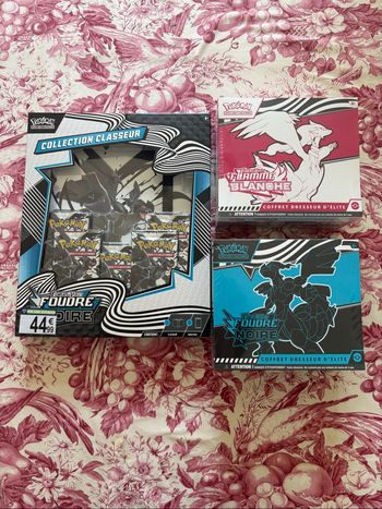 Lot Pokémon Ev10.5 2 ETB Flamme Blanche et Foudre Noire + Coffret classeur
