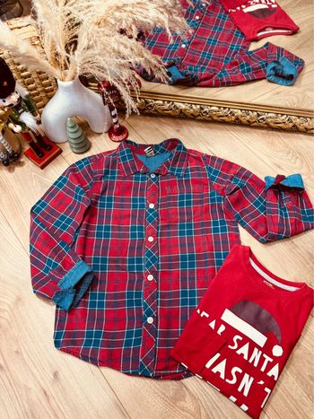 Taille 8 ans chemise et teeshirt Noël garçon TAO Kiabi rouge bleu * bonnet Noël * 🎄