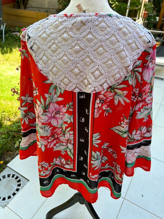 Superbe top avant à motif floral rouge Vietnam dentelle garniture en dentelle taille L - photo numéro 5