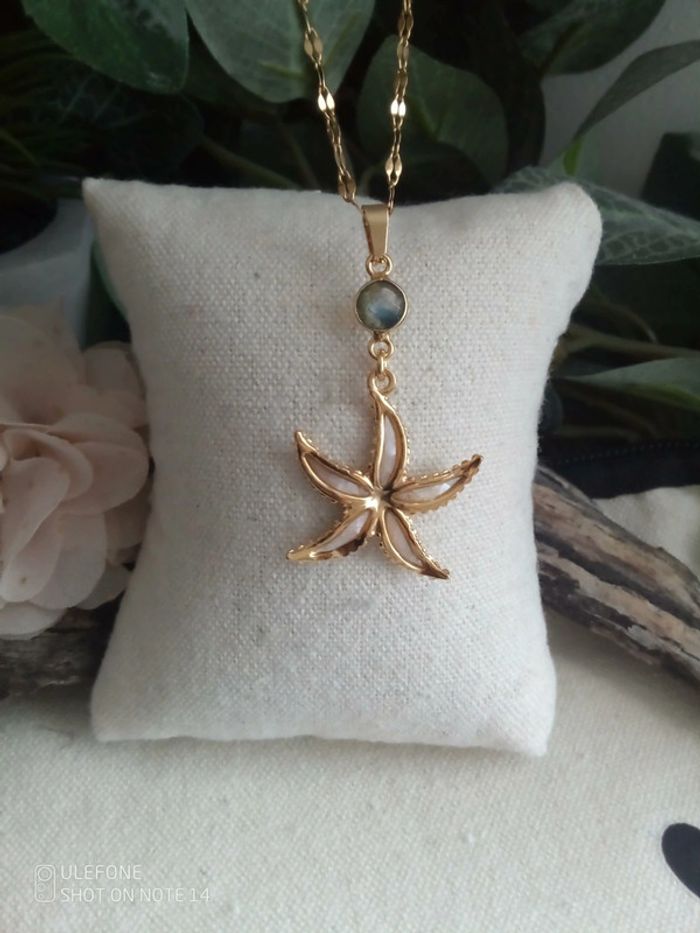 Collier étoile de mer de n'acre blanche et pierre de labradorite