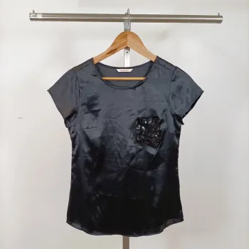 Top noir satiné Camaïeu effet ombré poche sequins T36 manches courtes chic soirée A1246