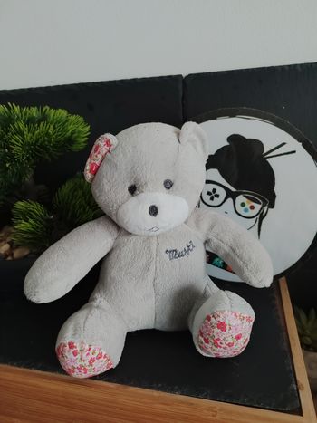 peluche Doudou ours pantin Musti mustela blanc gris rose fleur Rouge DD000067
