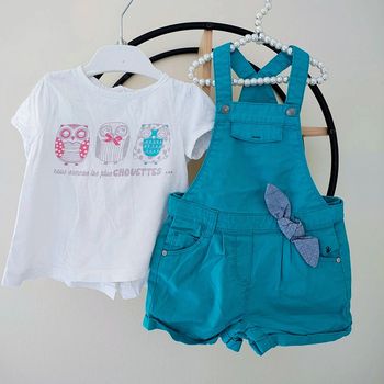 12 mois ensemble été teeshirt tape a l oeil et salopette short Okaïdi obaibi