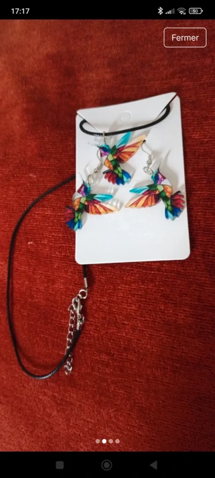 Ensemble boucles d'oreilles oiseaux colibris collier pendentif - photo numéro 2