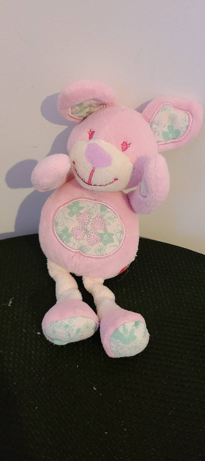 Doudou Lapin Rose Broderie Trèfle 20 cm Tex - photo numéro 4