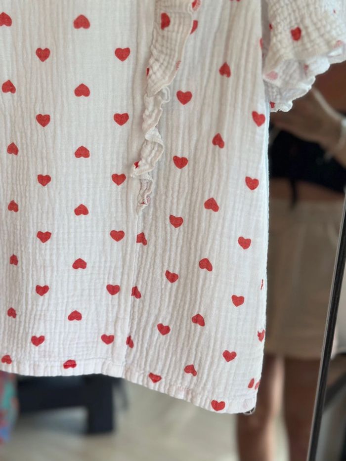 Blouse blanche imprimé cœurs rouges gaze de coton – Graciela – Taille S - photo numéro 3