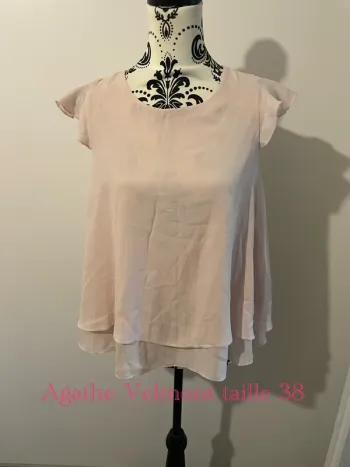 Blouse à manches courtes rose clair en voile doublé Agathe Velmont taille 38