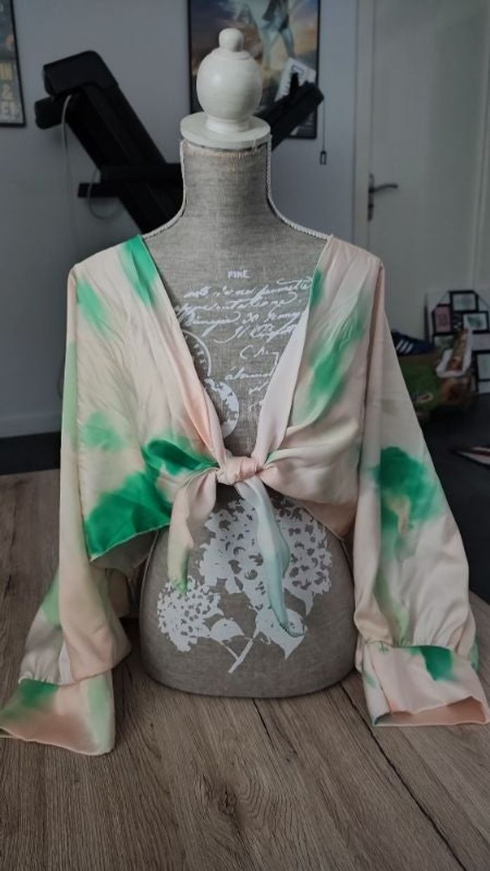 Blouse à nouer verte / abricot