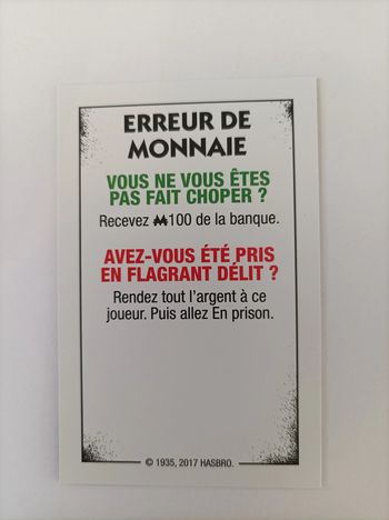 Carte erreur de monnaie pièce détachée Monopoly édition tricheurs Hasbro gaming #A28