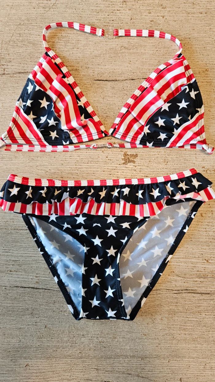 Bikini fille bleu, blanc et rouge avec étoiles, taille 10/12 ans - photo numéro 2