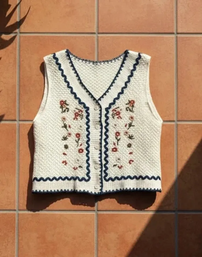 Gilet crochet brodé, boutonné, taille S, bohème rétro chic layering