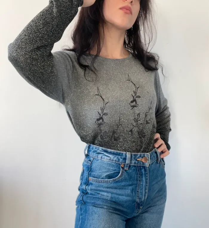 Pull vintage années 80 dégradé à paillettes motifs fleurs taille M - photo numéro 4