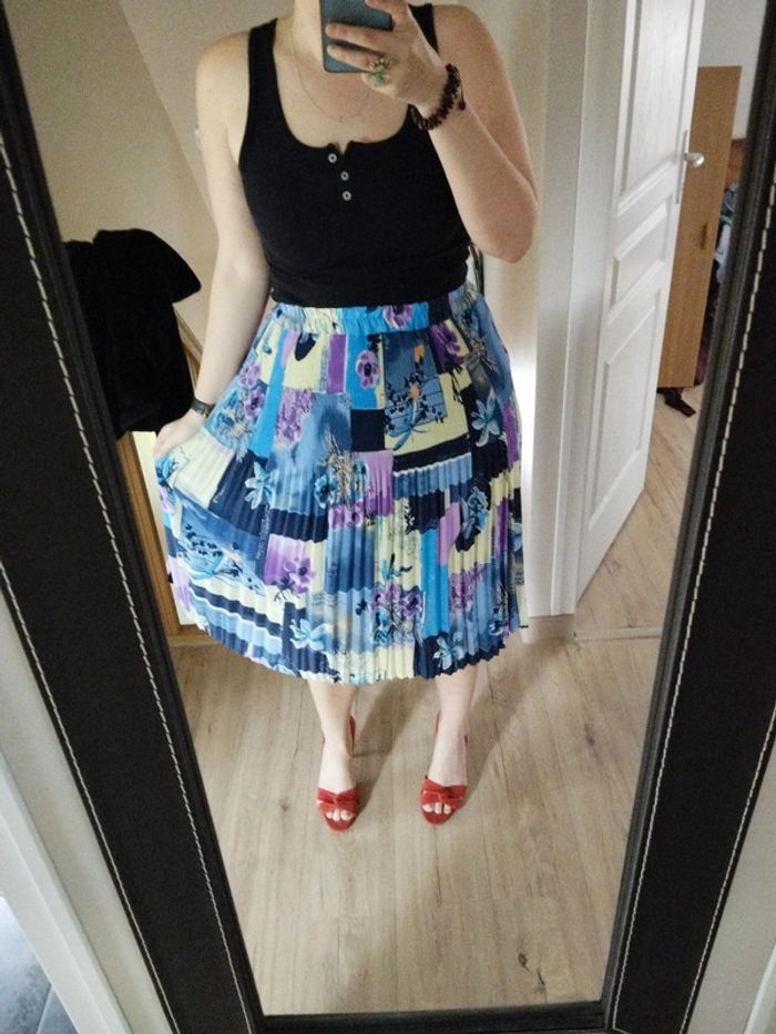 Jupe plissée midi taille unique vintage multicolore fleurs