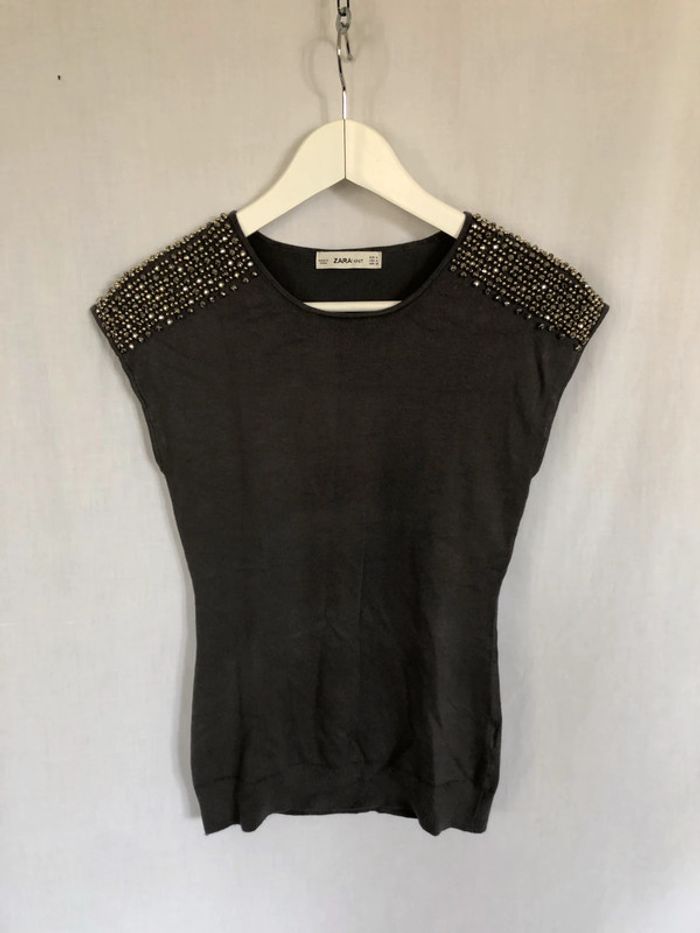 Top sans manches gris marron avec incrustations métalliques Zara taille 38 très bon état - photo numéro 7