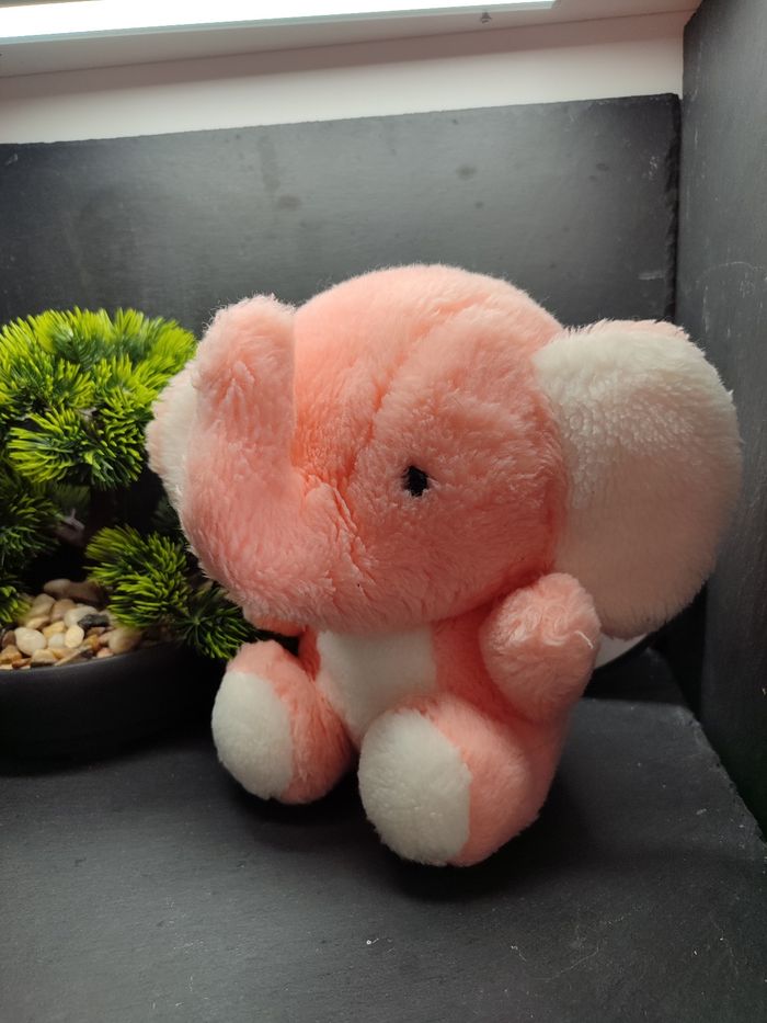 Doudou Ancien Vintage Éléphant assis ajena Rose blanc peluche Saumon Plush