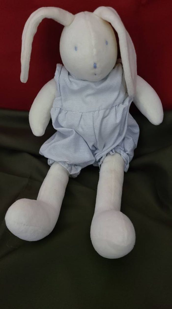 Doudou lapin blanc rayé bleu MOULIN ROTY - photo numéro 4