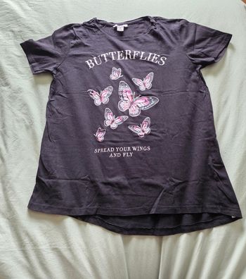 ​Amisu T-shirt Coton Noir Papillons Taille S