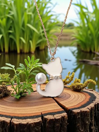 Collier Chat Doré & Beige Rosé – Perle Nacrée