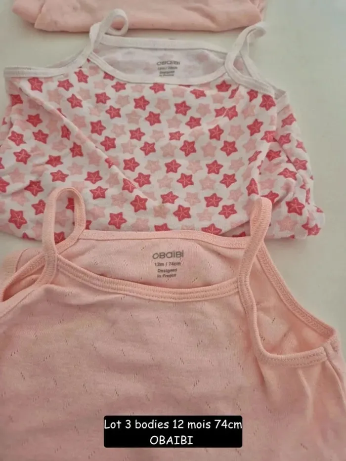 Collection 2025 🌸 3 bodies bretelles été Obaibi , Parfait état 🌸 12 mois 74 cm - photo numéro 2