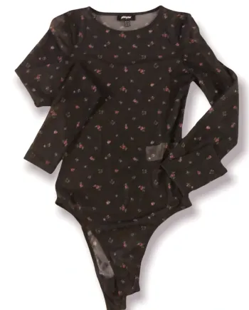 Body transparent noir fleuri longues manches