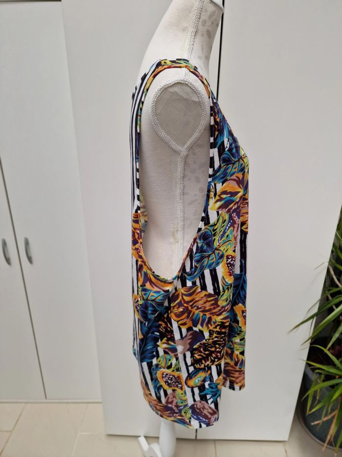 Debardeur Oversize Rayures Blanches Noires Imprimé Ananas Feuillages Papayes Multicolore - photo numéro 10