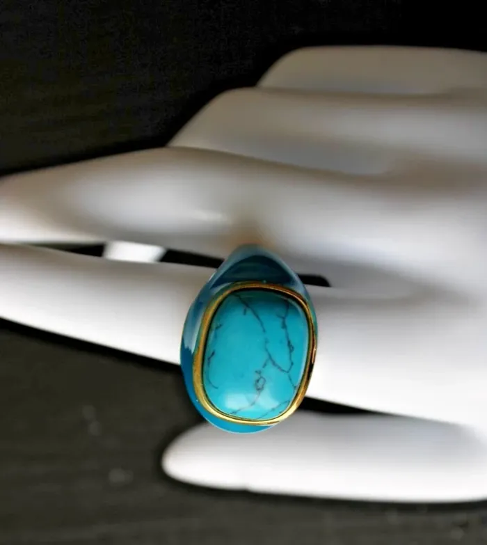 grosse bague cabochon en acier inoxydable doré et turquoise - photo numéro 3