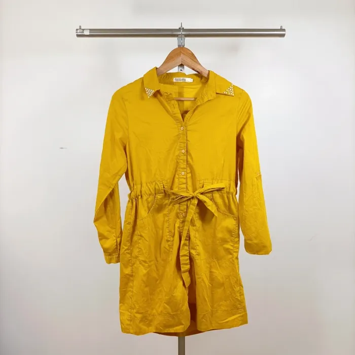 Robe chemise jaune moutarde Beauty Fashion col à strass ceinture T40 100 % polyester A1269