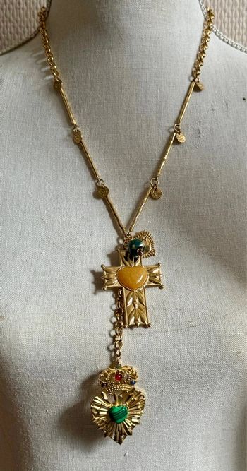 Collier sautoir habaha Paris croix cœurs xl perles naturelles acier inoxydable or