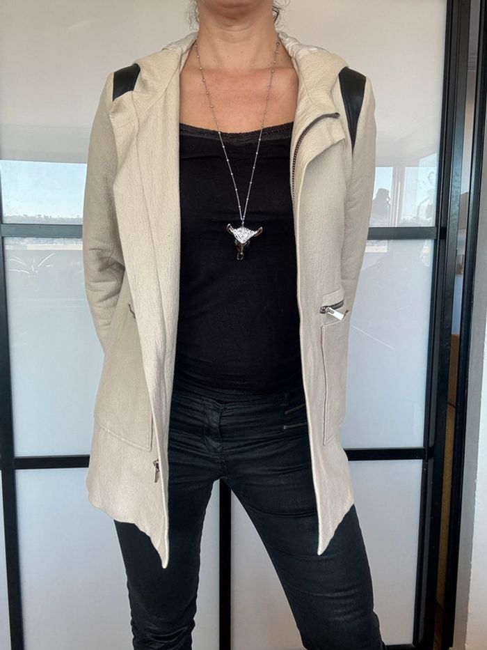 Magnifique manteau à capuche empiècements cuir Maje 40 - photo numéro 4