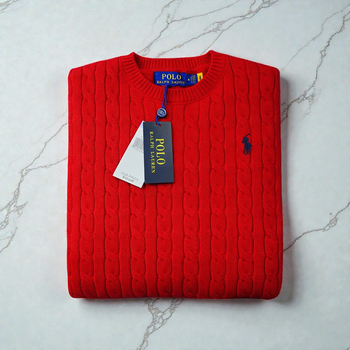 Pull Ralph Lauren rouge col rond torsadé logo brodé noir taille M