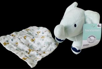❤️B4467 Doudou Éléphant Mouchoir Mousseline Plat Blanc Bleu InExtenso AUCHAN