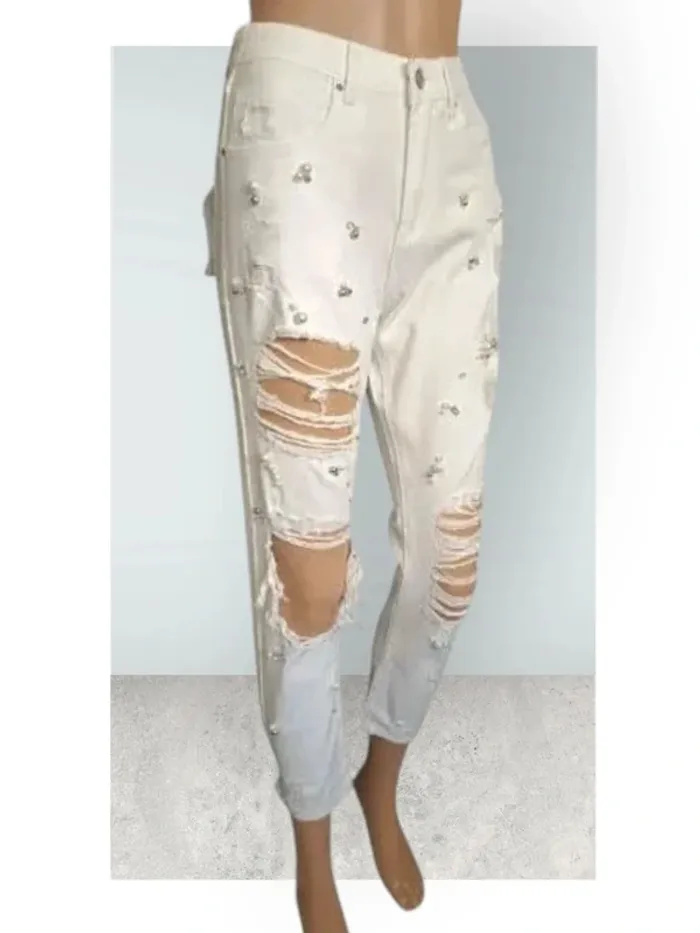 Jean  Queen Hearts ,look boyfriend destroy ,slim ,taille haute ,100 % coton - photo numéro 6