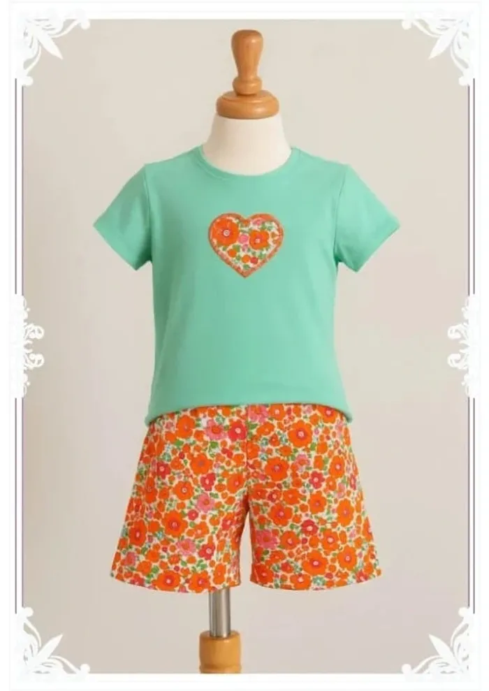 🌺 Pyjama été fille – Taille 12 ans – Haut brodé Kiabi & short fait main