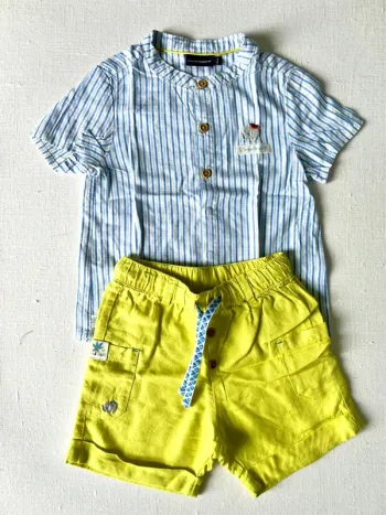Ensemble été 3 pièces - short, chemise, gilet Sergent Major 24 mois – Lin & coton – Élément brodé