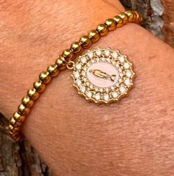 Bracelet réglable boules remplies grosse médaillevierge cristaux blanc