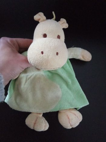 Doudou  bébé  hippopotame vintage  avec robe, pattes, , vert eau, beige